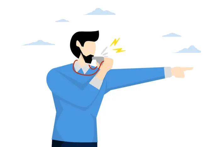 Whistleblower business insider mistake to disclose information illegally to public concept, businessman blowing whistle pointing signal to inform others