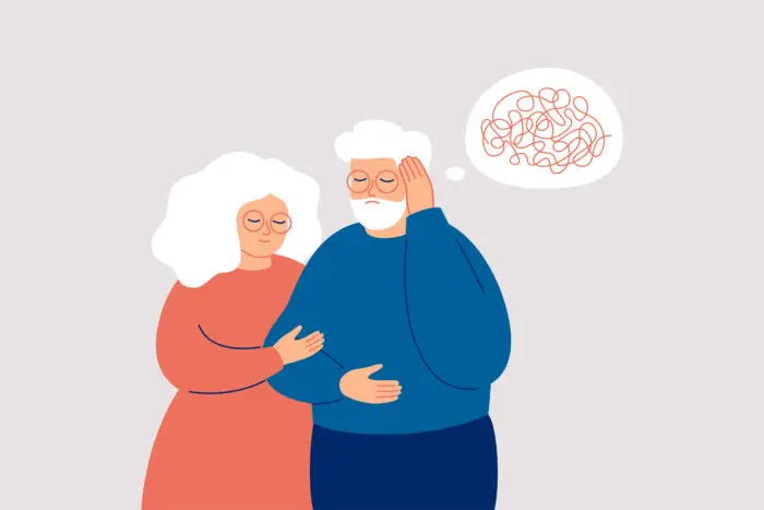 Elderly man with dementia needs help. Mature couple supports each other in the fight with amnesia and mental disorder. Memory loss concept