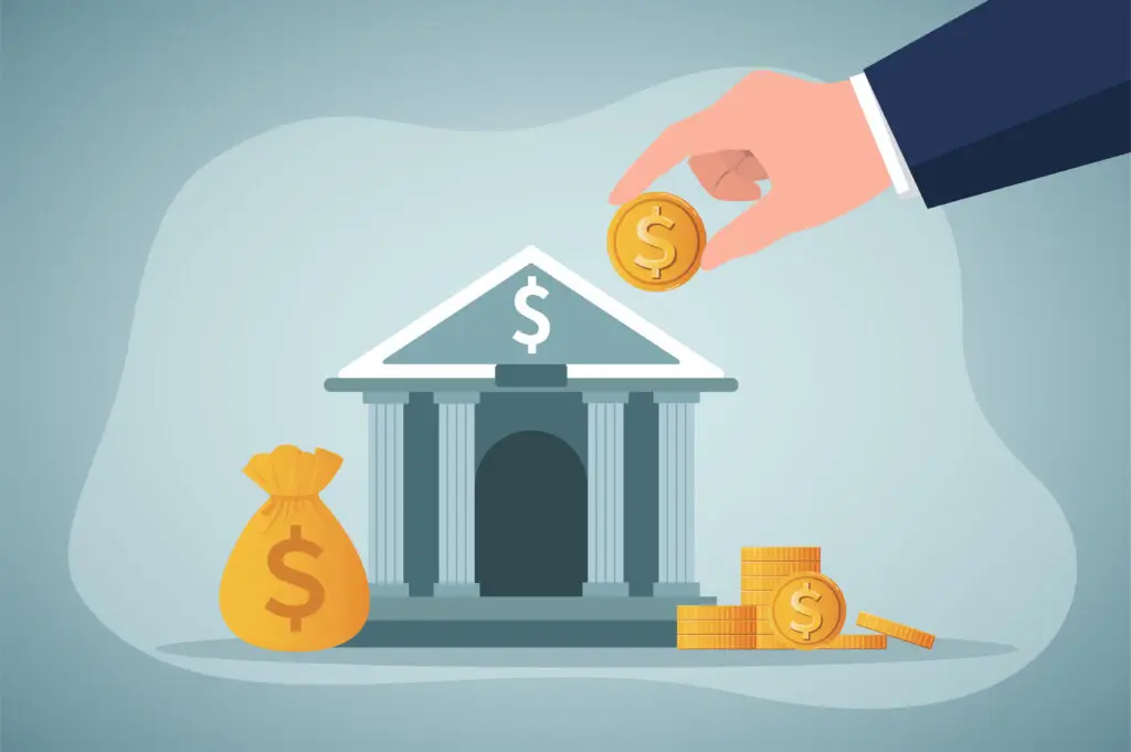 Savings, Investment bank financial service to provide invest advisory, wealth management or loan for company, money growth or profit and earning concept, Businessman put dollar coin on investment bank