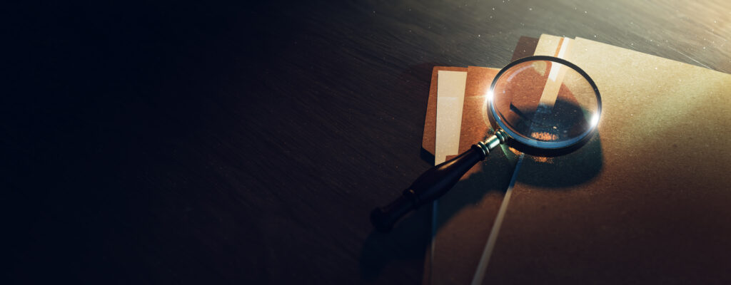 (3D Rendering, illustration) Magnifying glass and some paper fol