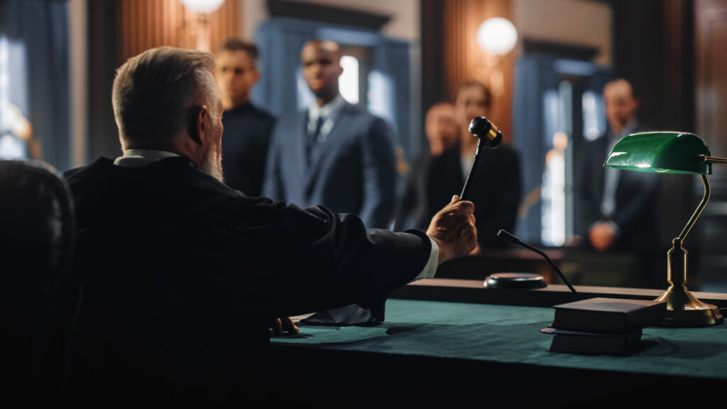 Cinematic Court of Law and Justice Trial: Honorable Male Judge Ruling Out a Decision in a Civil Family Case, Striking Gavel to Close Hearing. Defendant Party is Happy, Successful