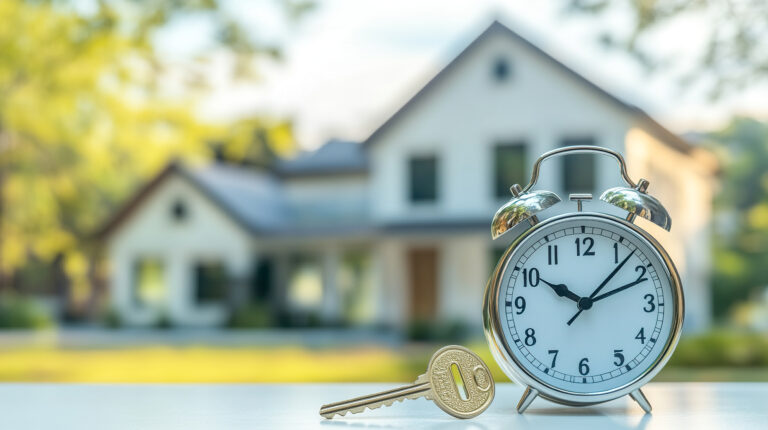 Key and alarm clock on the table, big house with garden on background. Buy own home, mortgage loan payment deadline
